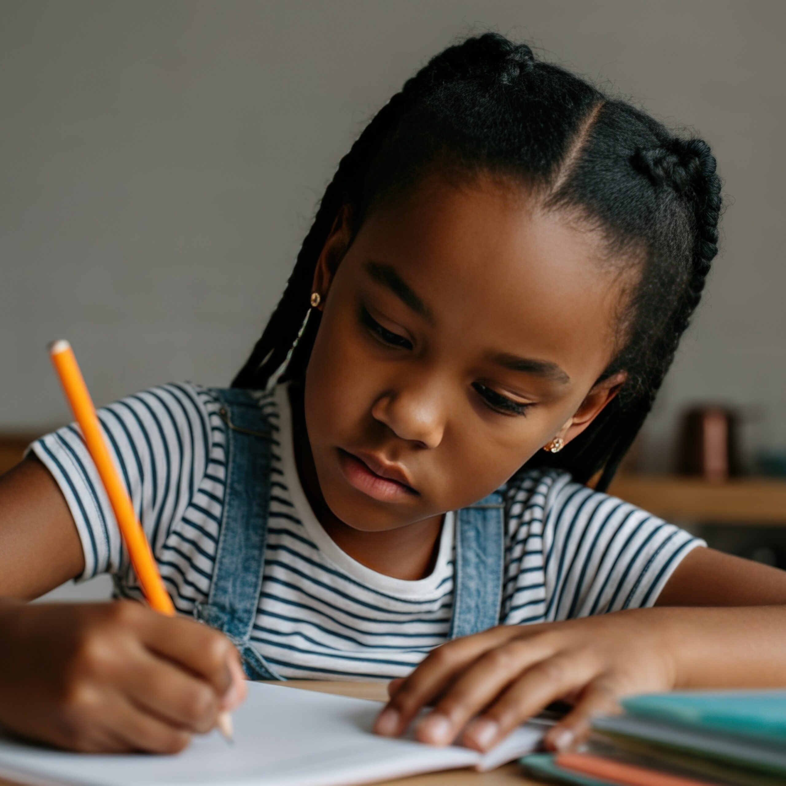 Young girl focused on writing in a notebook