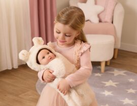 LullaBaby wavy brown hair baby doll and bear cuddler with young girl