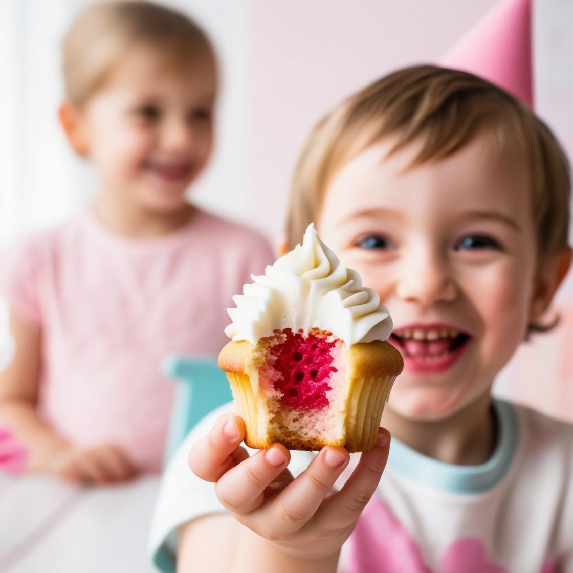 child holding up cupcake to show pink icing inside, it's a girl